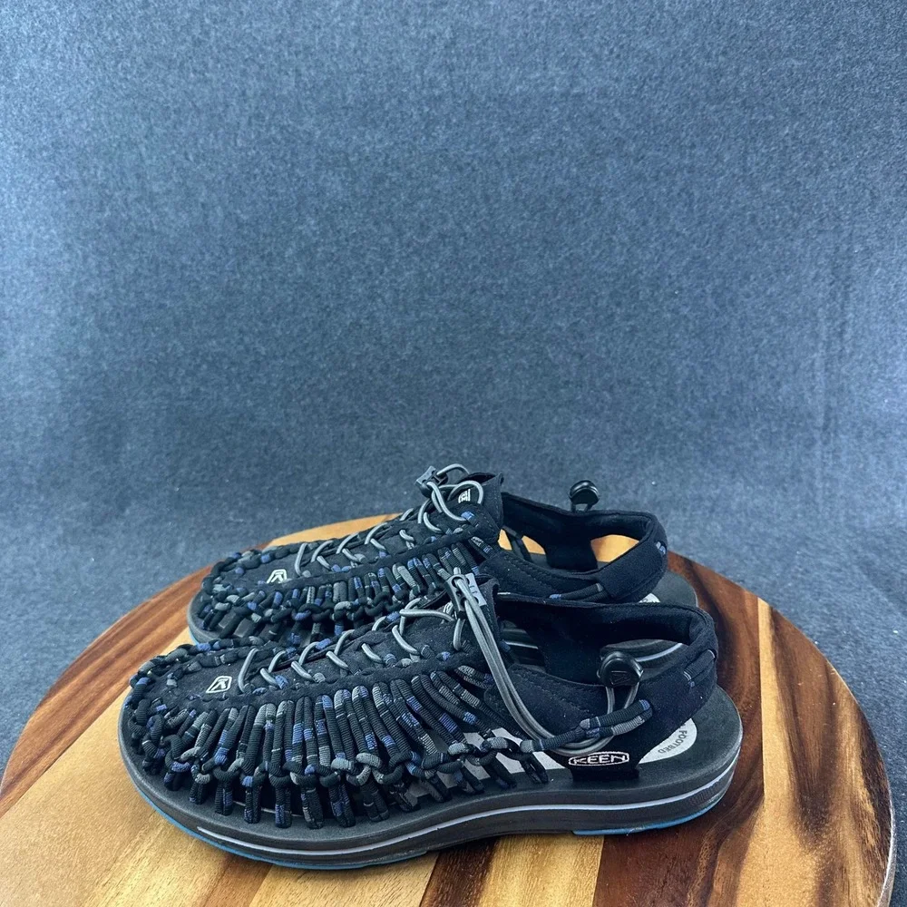 Keen Sandals Uneek Hiking Slip On Mens 10.5 Black Blue Braided Rope Cord 1014617